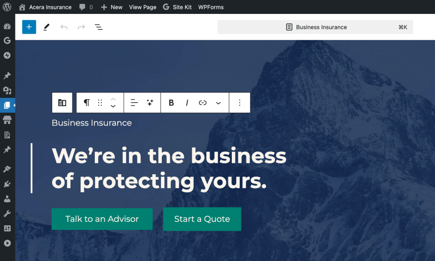Acera Insurance Gutenberg Block Editing Experience