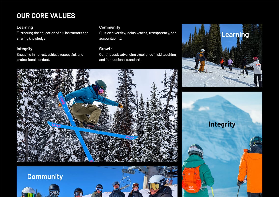 The CSIA core values section, with Learning, Integrity, Community, and Growth set against photos of skiers.
