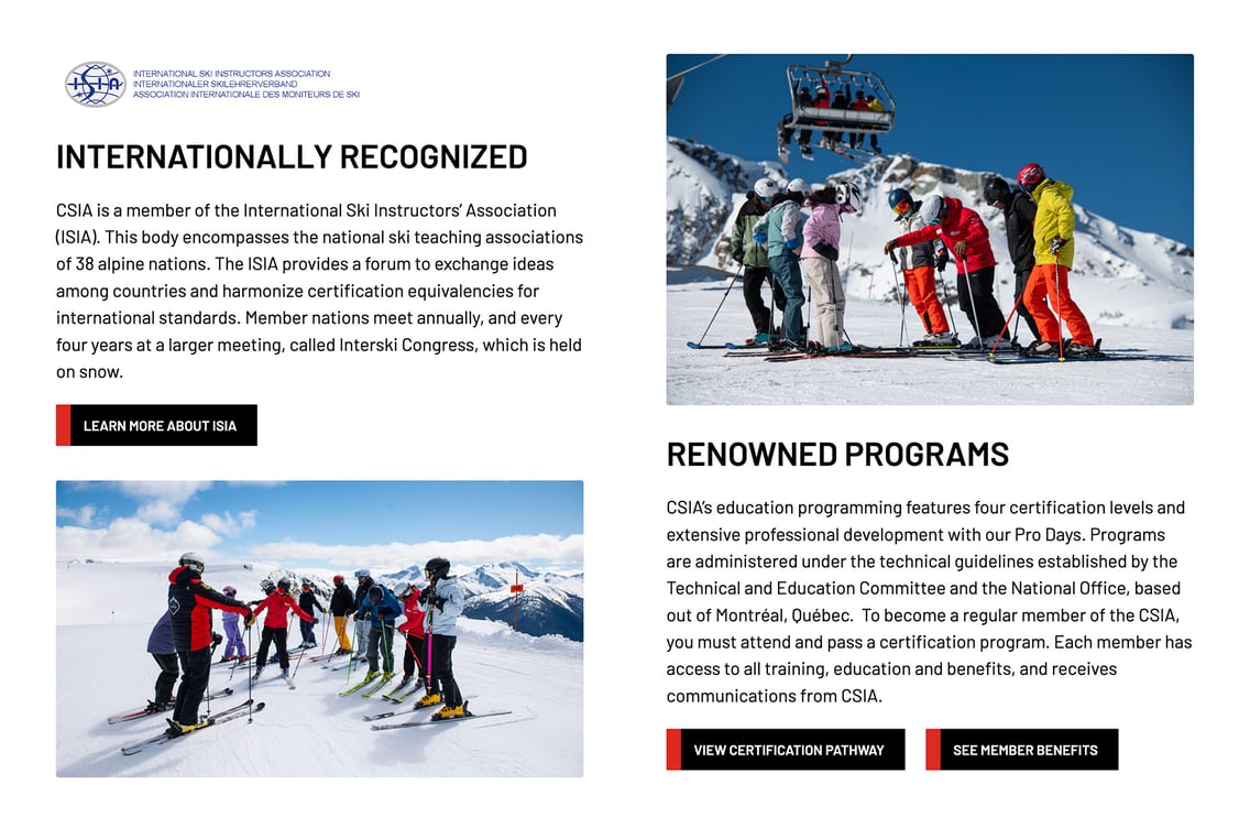 CSIA website sections on its international recognition and certification programs, with photos of instructors on the slopes.