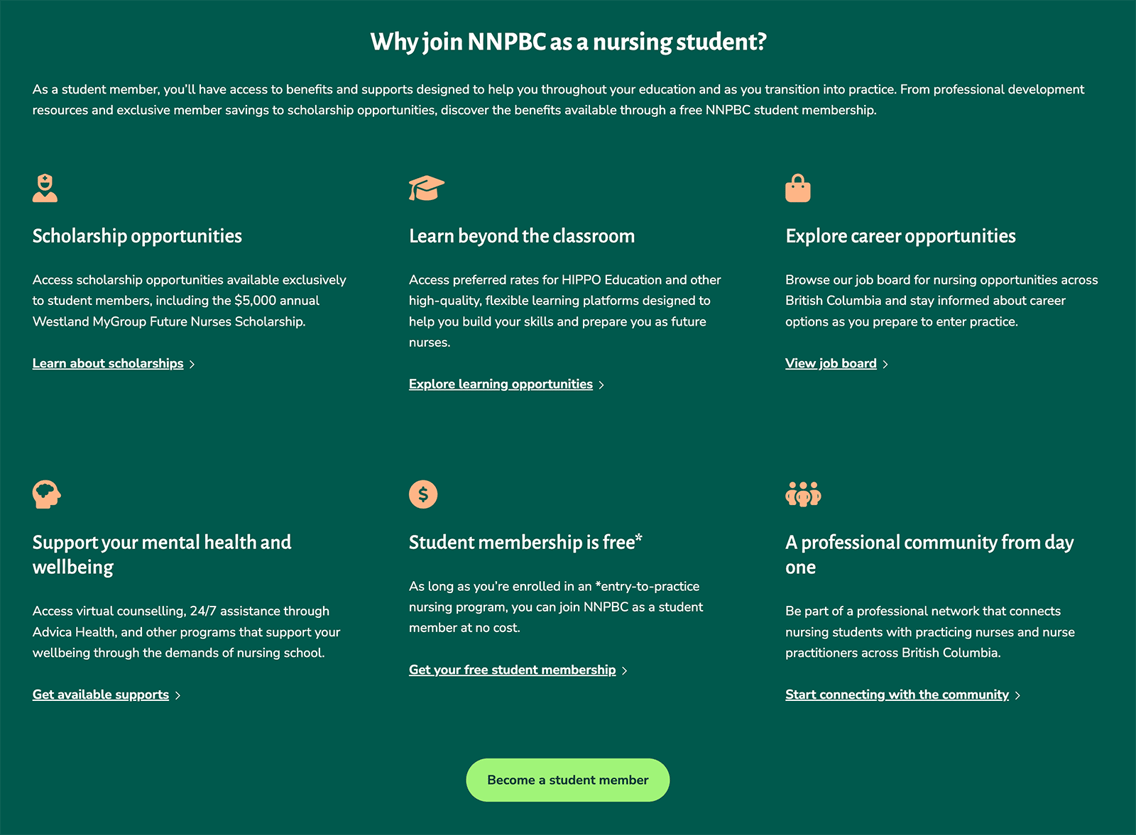 The NNPBC “Why join NNPBC as a nursing student?” section, listing benefits such as scholarships, career opportunities, and free student membership.