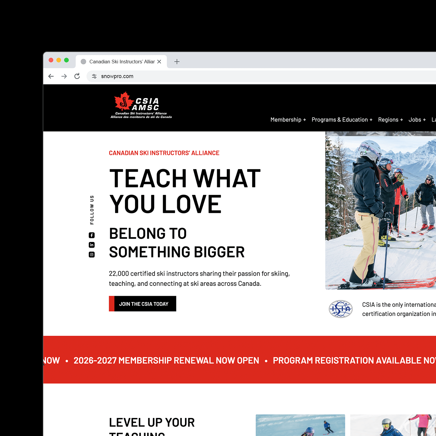 The Canadian Ski Instructors’ Alliance home page, with its membership renewal banner and a call to join.