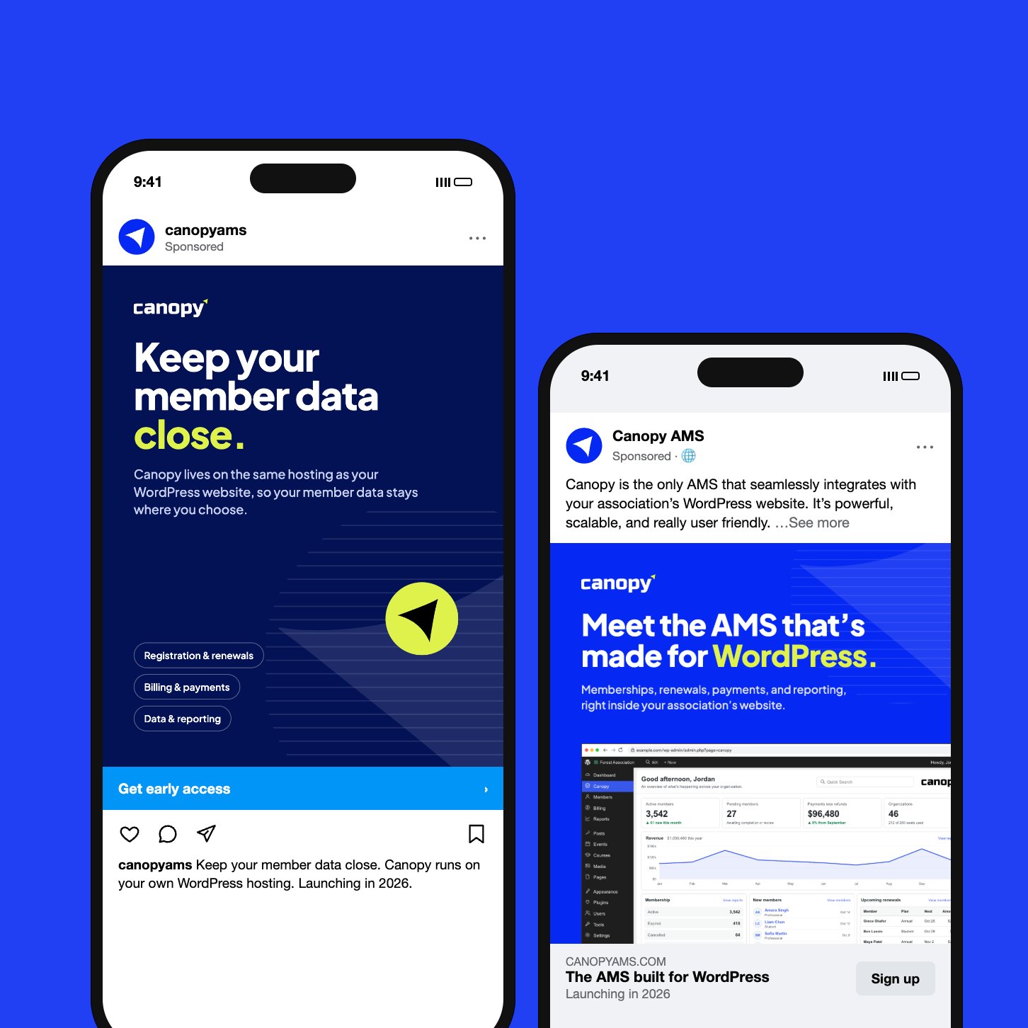 Two Canopy AMS ads on phones: an Instagram post about keeping member data close and a Facebook ad introducing the AMS made for WordPress.