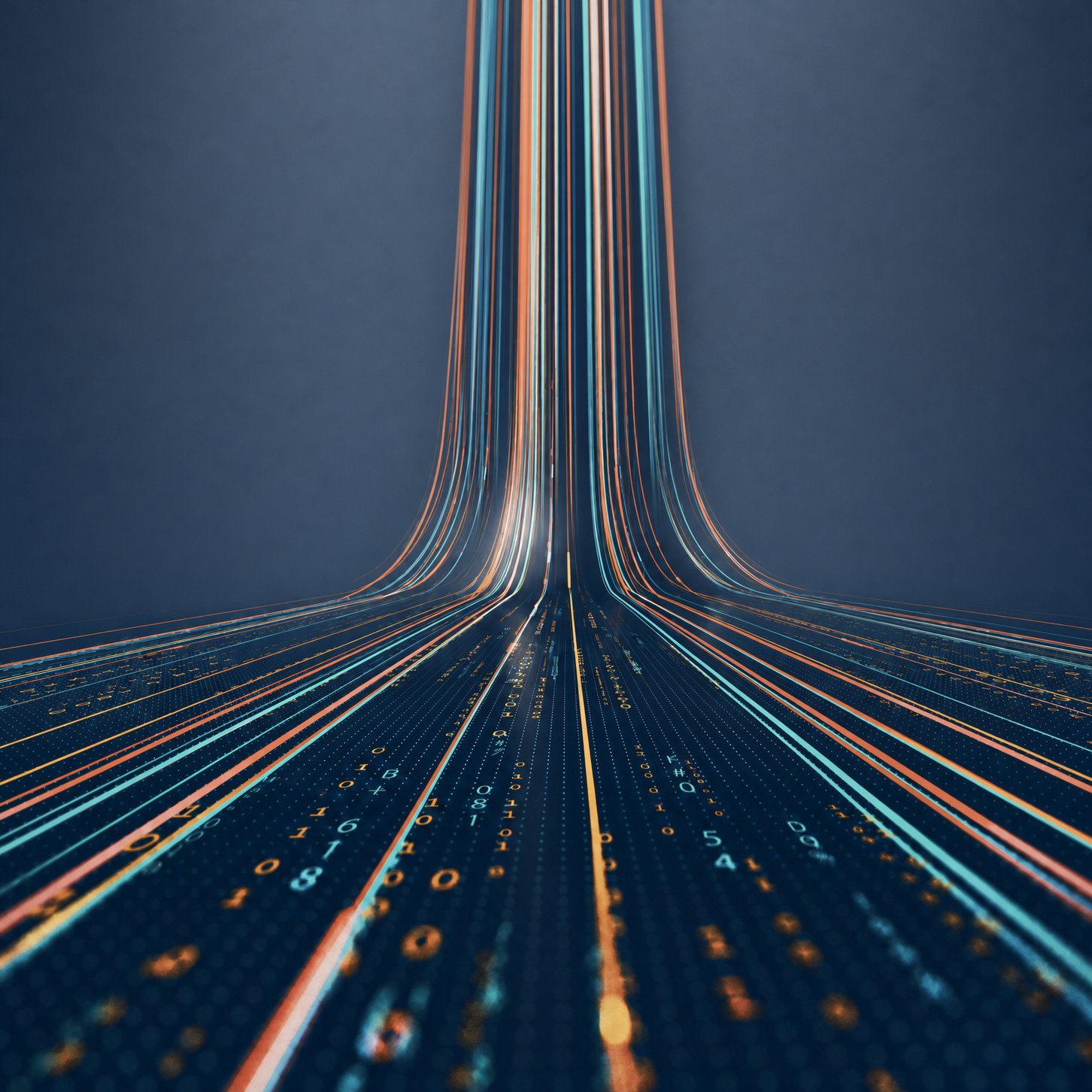 Coloured data lines converge into a vertical spine on navy background.