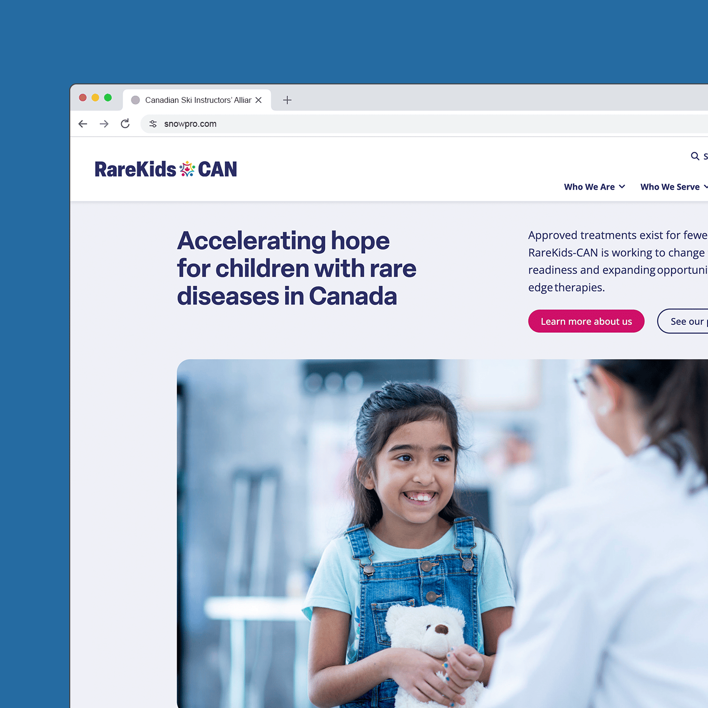 The RareKids-CAN home page, with a smiling girl holding a teddy bear during a clinic visit.