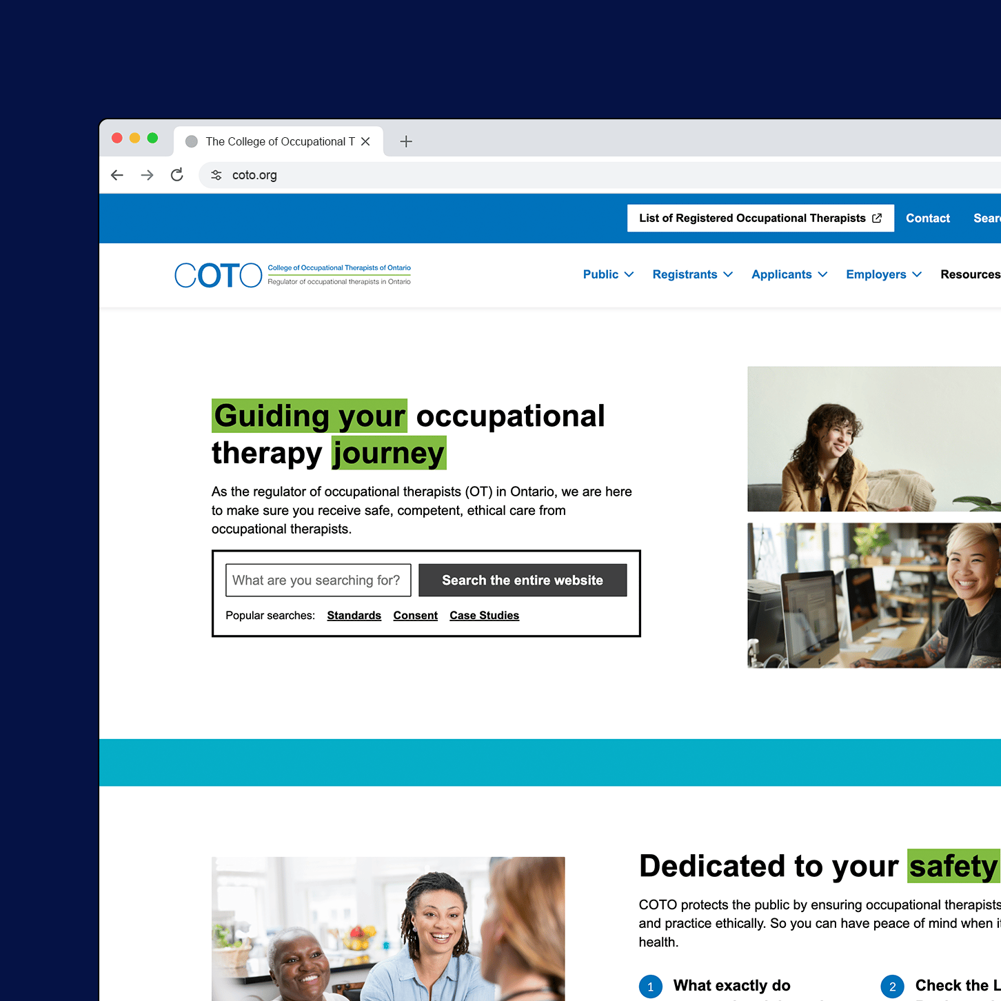 The College of Occupational Therapists of Ontario home page, with a site search and a link to the list of registered occupational therapists.