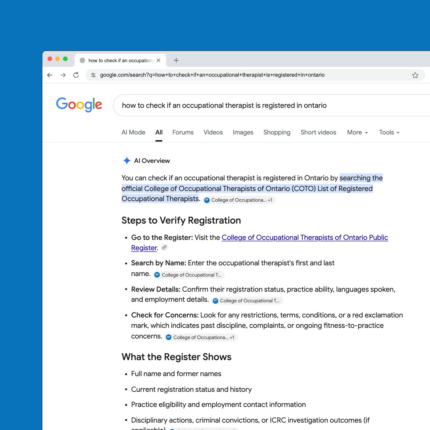 Google’s AI Overview answering how to check if an occupational therapist is registered in Ontario, with every source from COTO’s website.