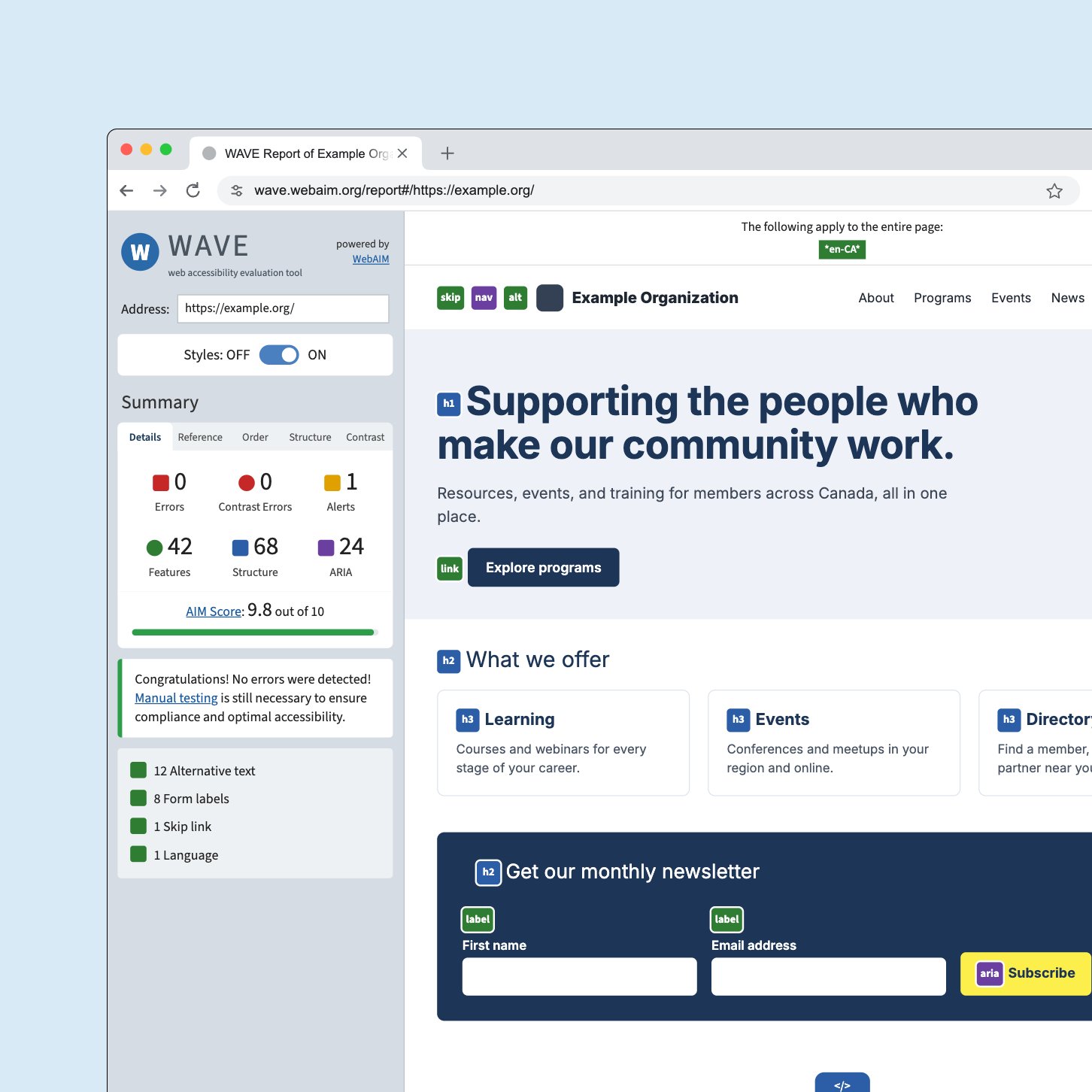 An accessibility report for an example organization's website, with no errors found and its headings, labels, and landmarks marked on the page.