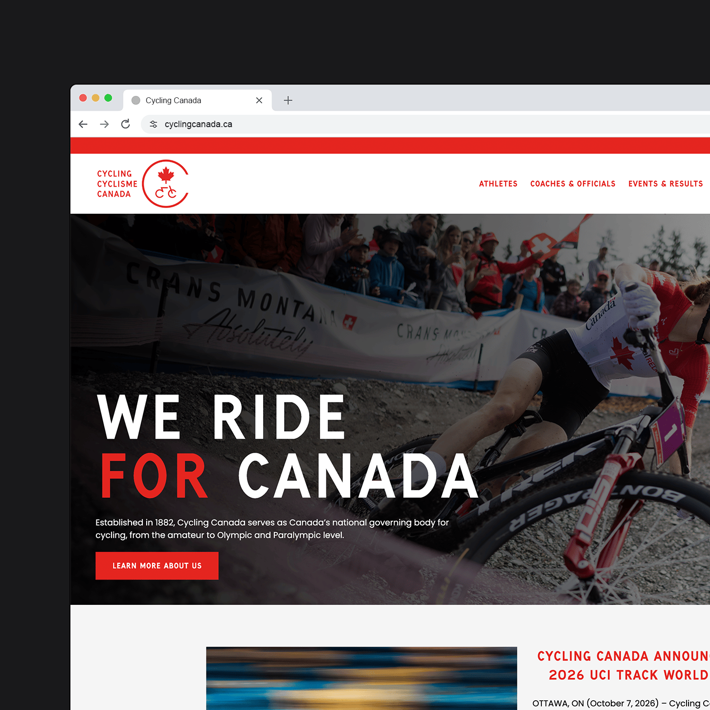 The Cycling Canada home page, with a mountain biker racing past a crowd under the headline “We ride for Canada.”