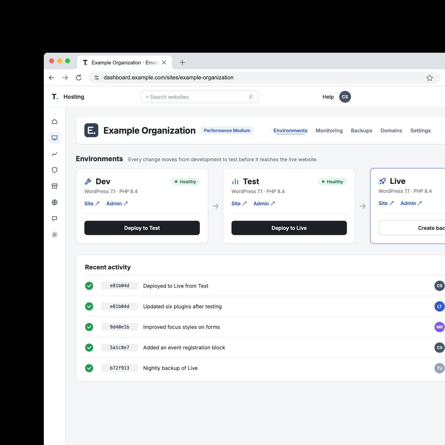 A hosting dashboard for an example organization's website, showing development, test, and live environments, each healthy, with recent deployments and backups.