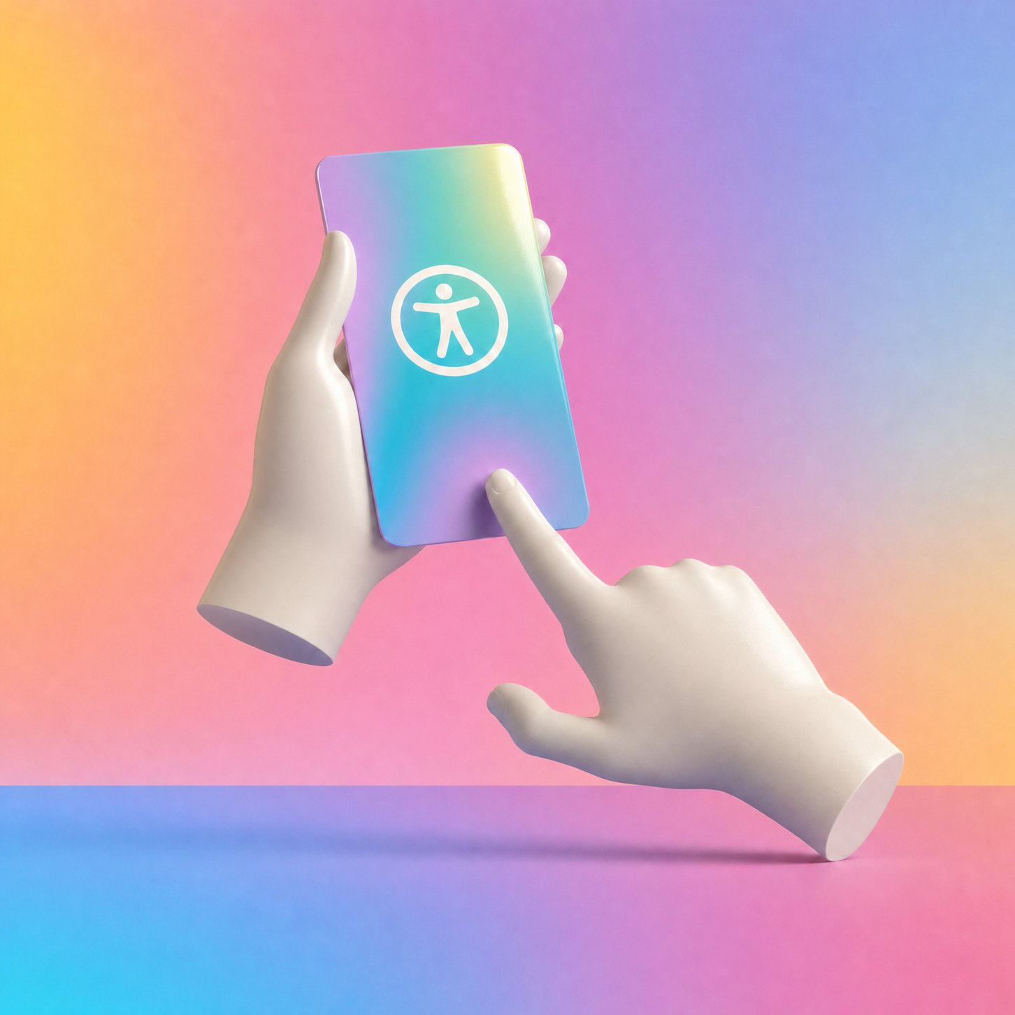 Abstract hands hold a pastel card with a white accessibility symbol.