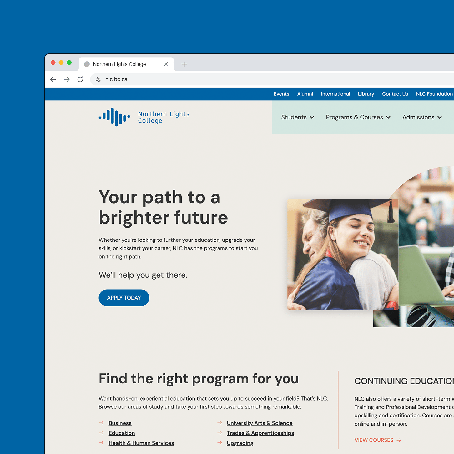 The Northern Lights College home page, with a graduate in a cap and gown and links to find the right program.