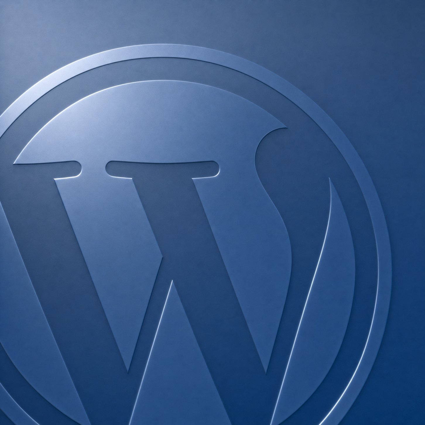 Large blue WordPress emblem printed on navy background.