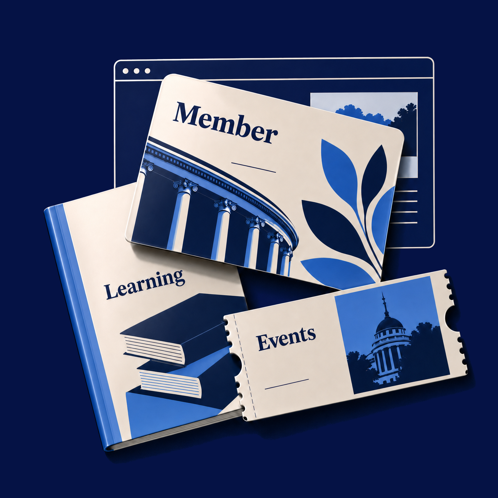 Membership card, learning booklet, and event ticket arranged in front of a browser outline.