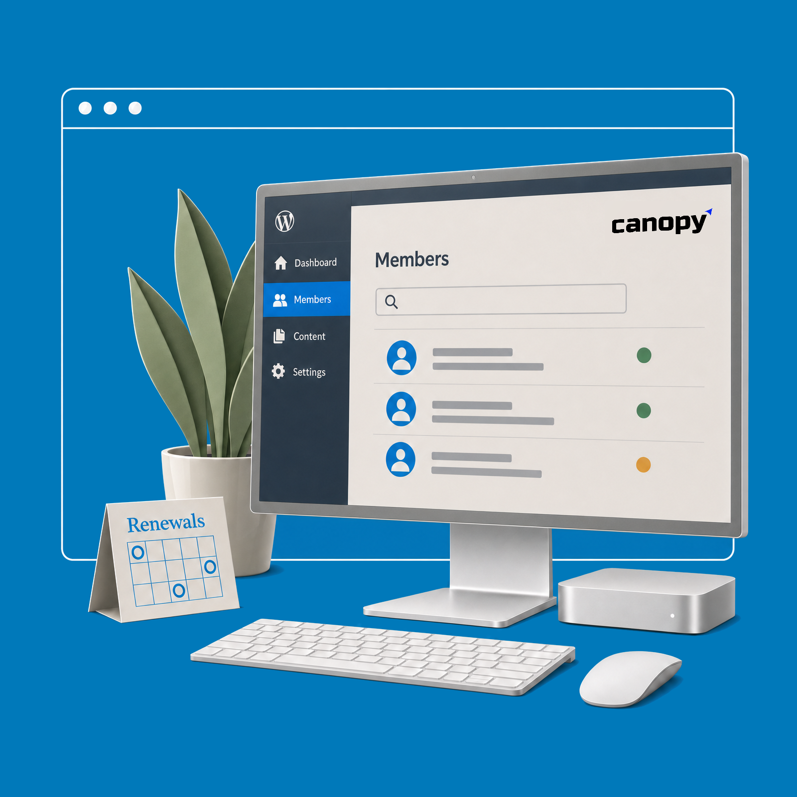Silver desktop displaying a Canopy member dashboard, with a muted snake plant and renewals calendar on a flat blue background.