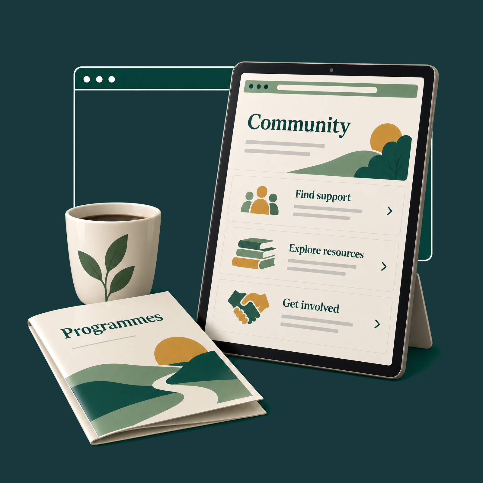 Tablet showing a community website beside a programme guide and ceramic cup on a forest-green background.
