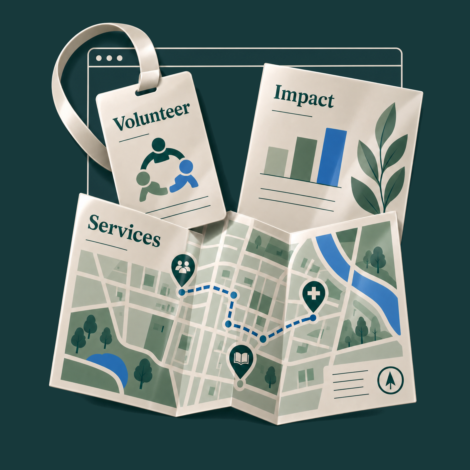 Service map, volunteer card, and impact sheet arranged in front of a browser outline.
