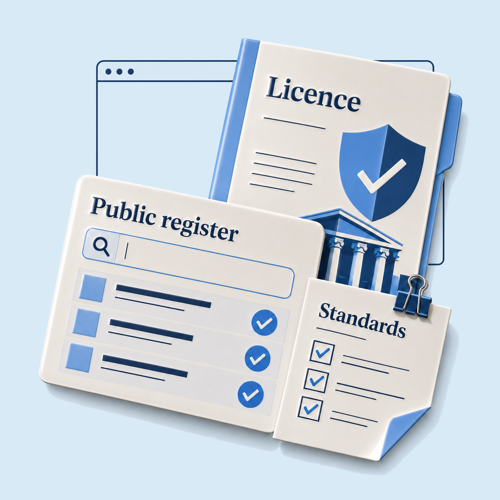 Public register, licence, and standards checklist arranged in front of a browser outline.