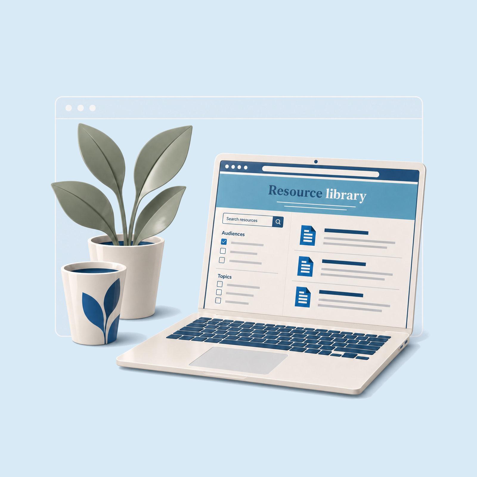 Laptop displaying a searchable resource library, with a sage plant behind a cup and a white browser outline on a pale blue background.