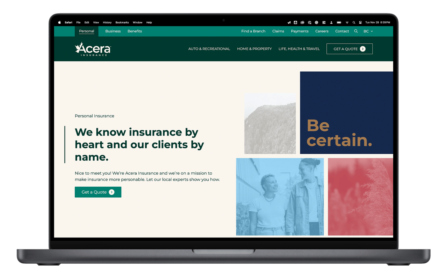 Mockup of the Acera Insurance website.