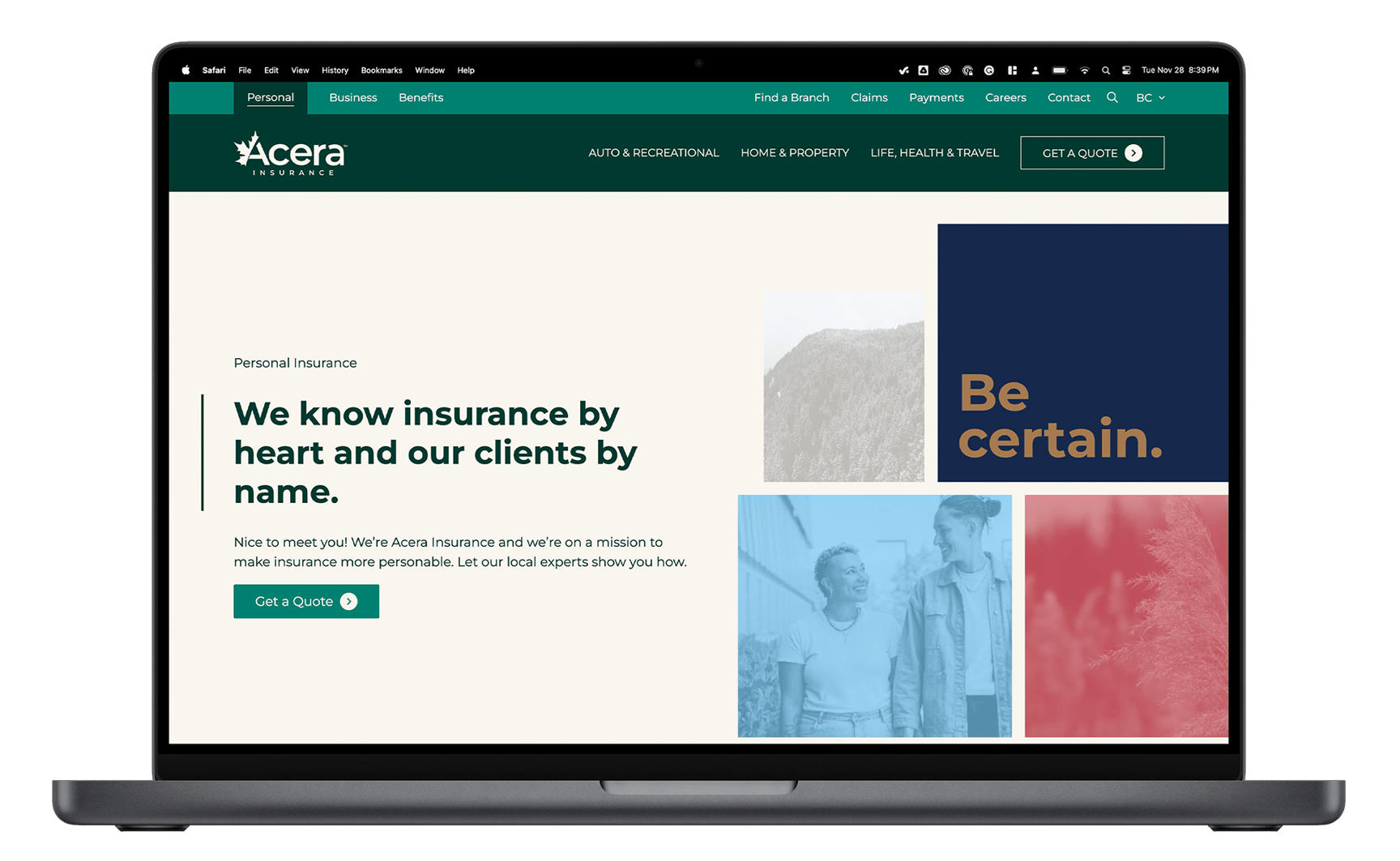 Mockup of the Acera Insurance website.
