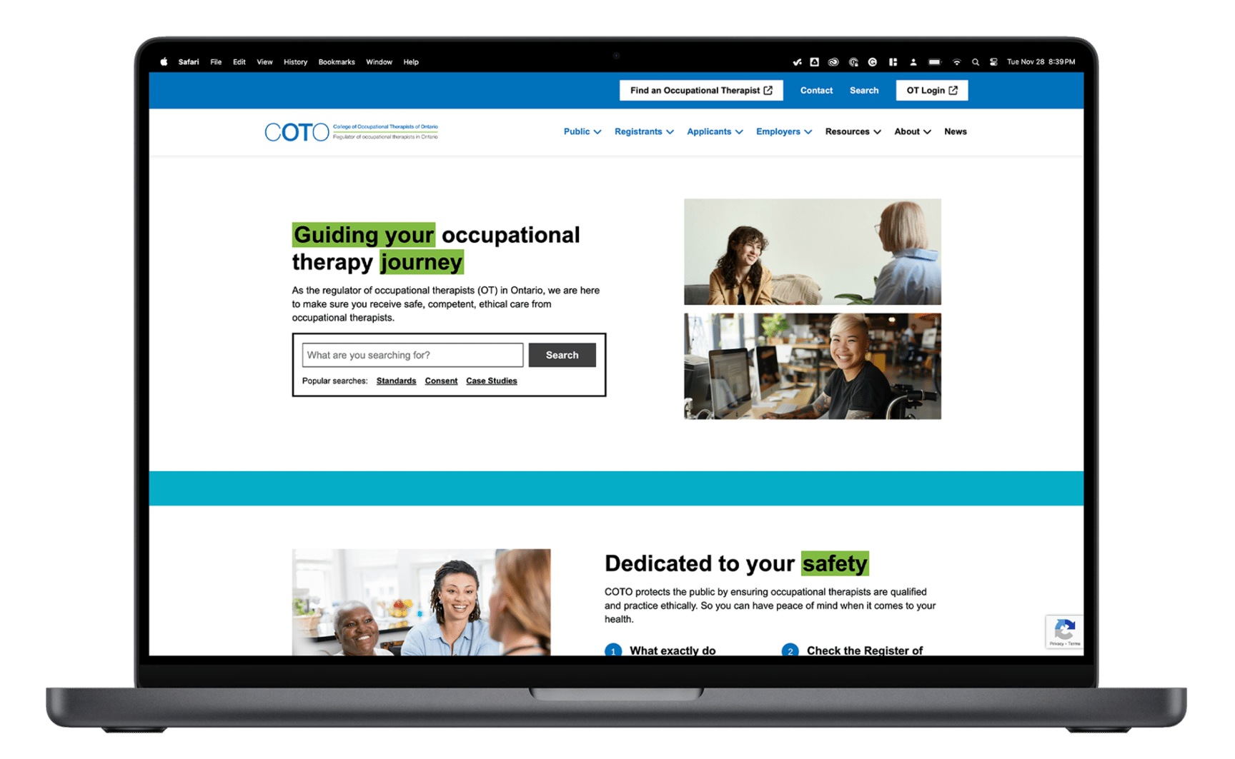Mockup of the College of Occupational Therapists of Ontario website.