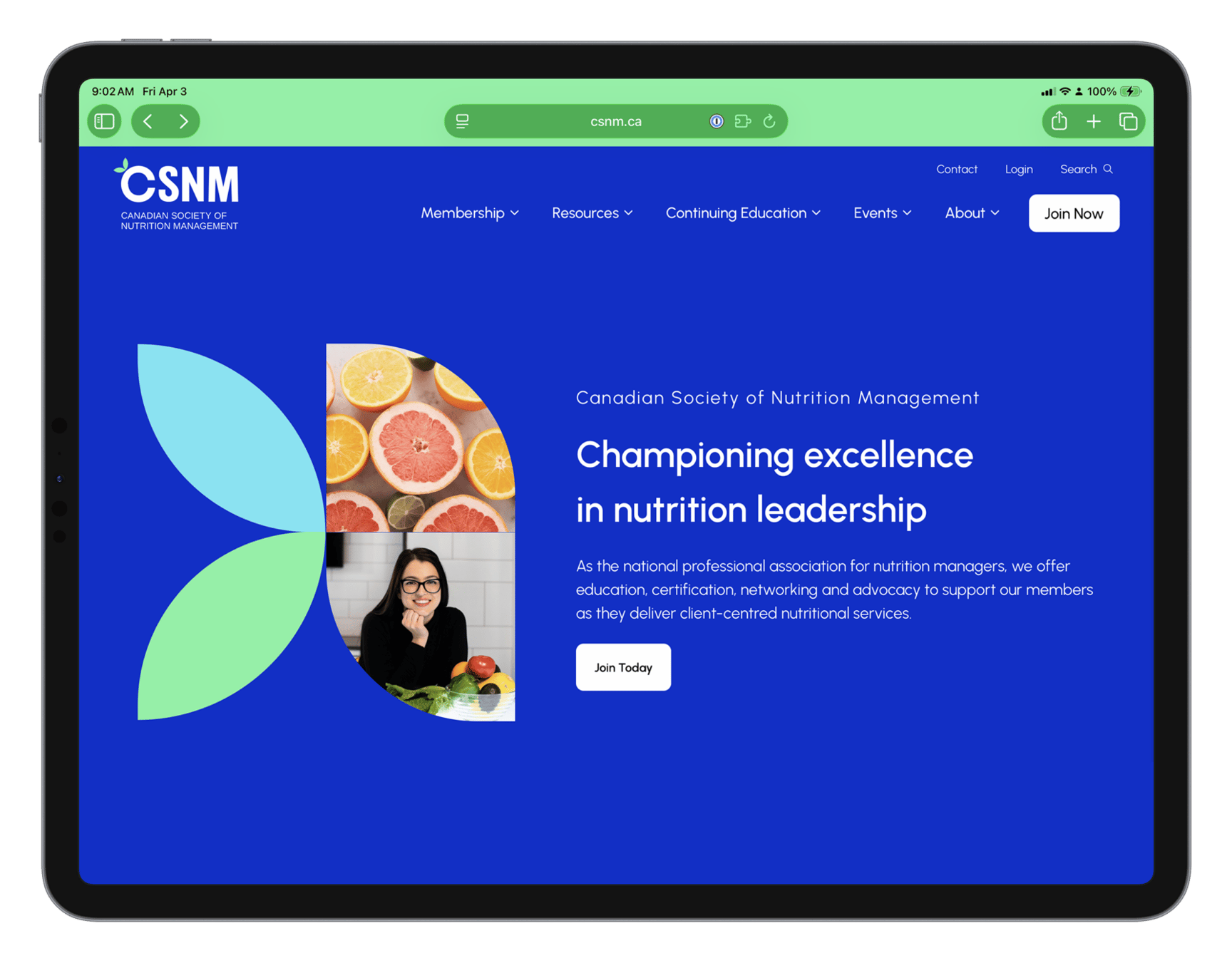 Mockup of the Canadian Society of Nutrition Management website.
