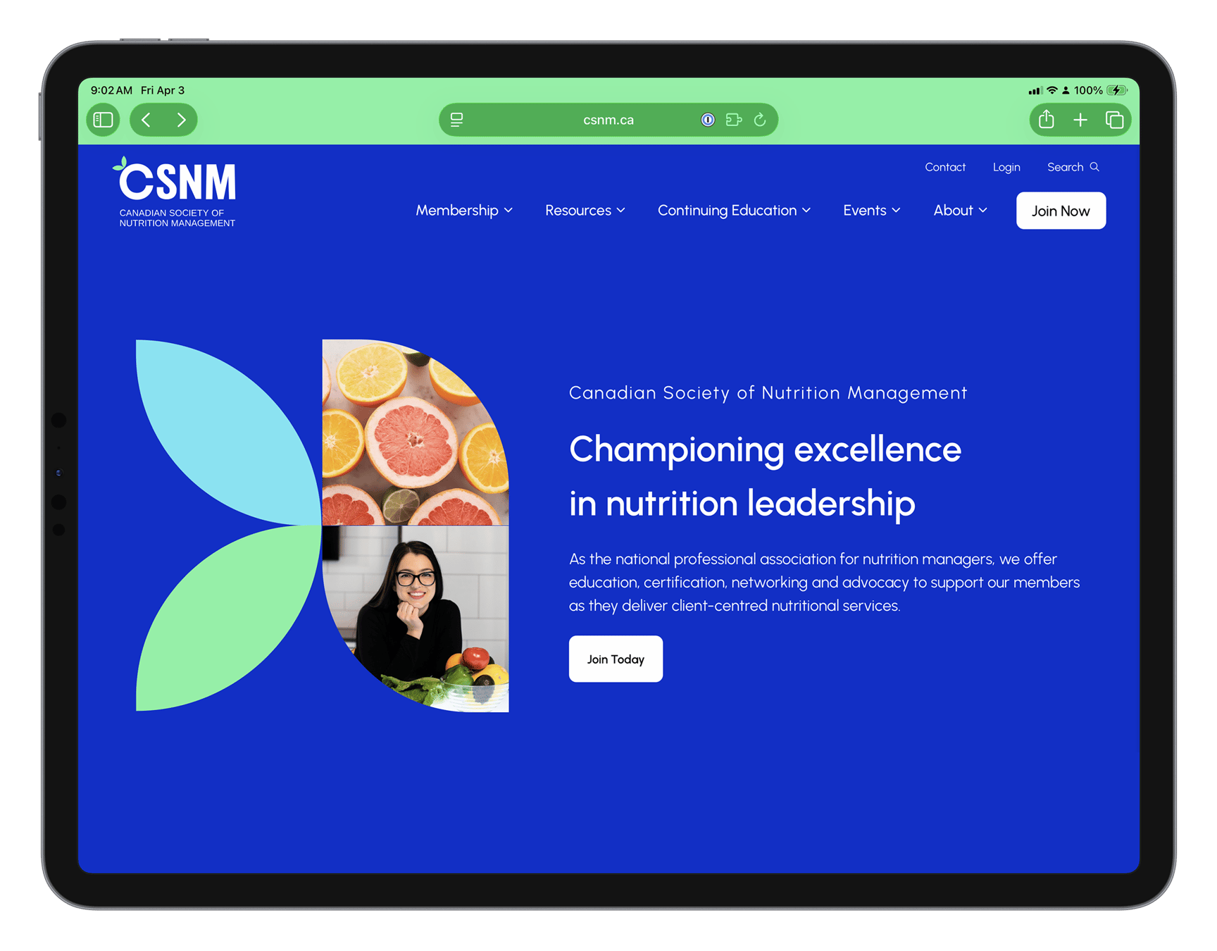Mockup of the Canadian Society of Nutrition Management website.