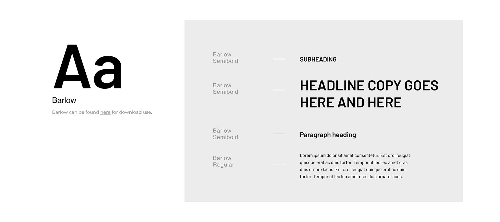 CSIA typography samples using the Barlow typeface for headlines, subheadings, and body copy.