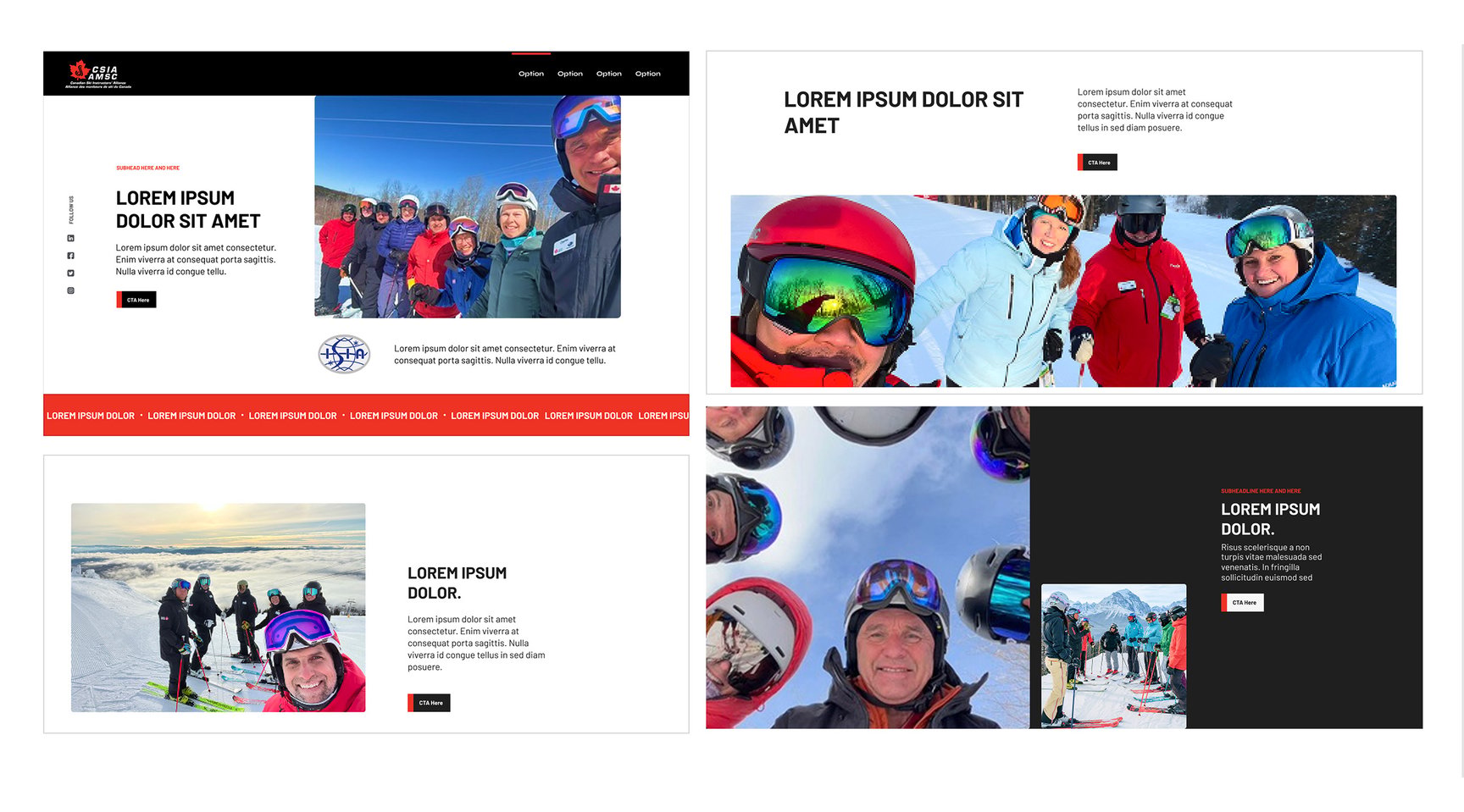 Early CSIA page layout concepts pairing placeholder text with photos of ski instructors.
