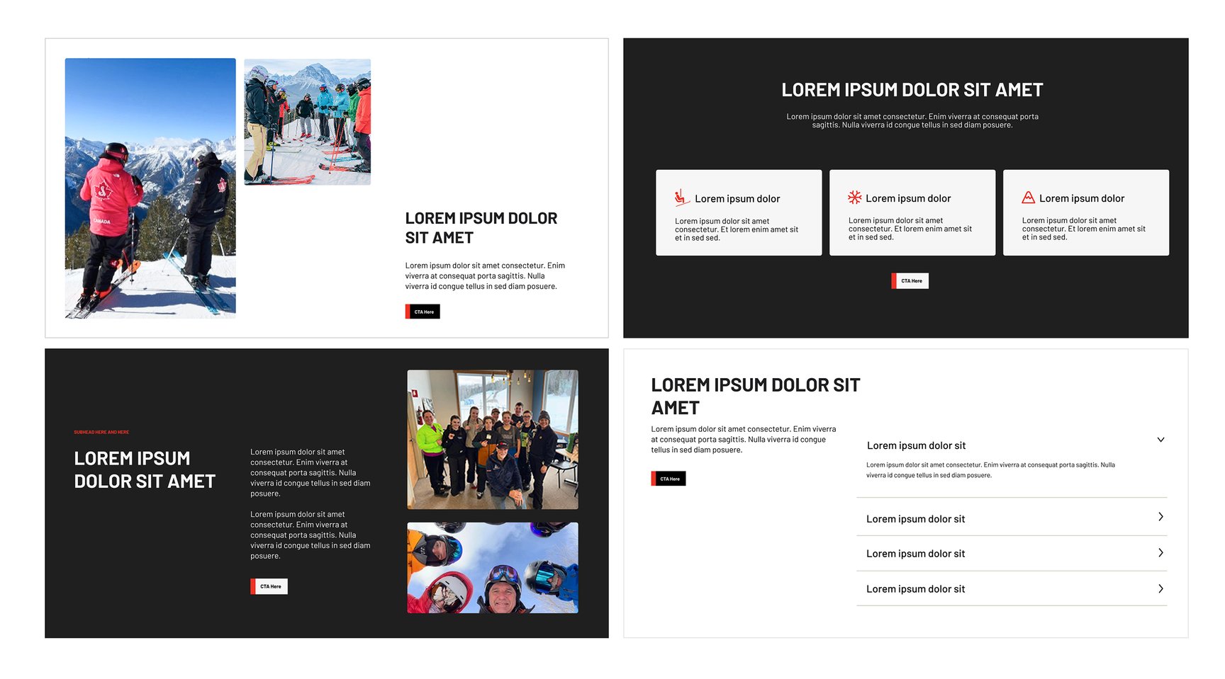 CSIA design concepts showing content sections with photos of skiers and placeholder text.