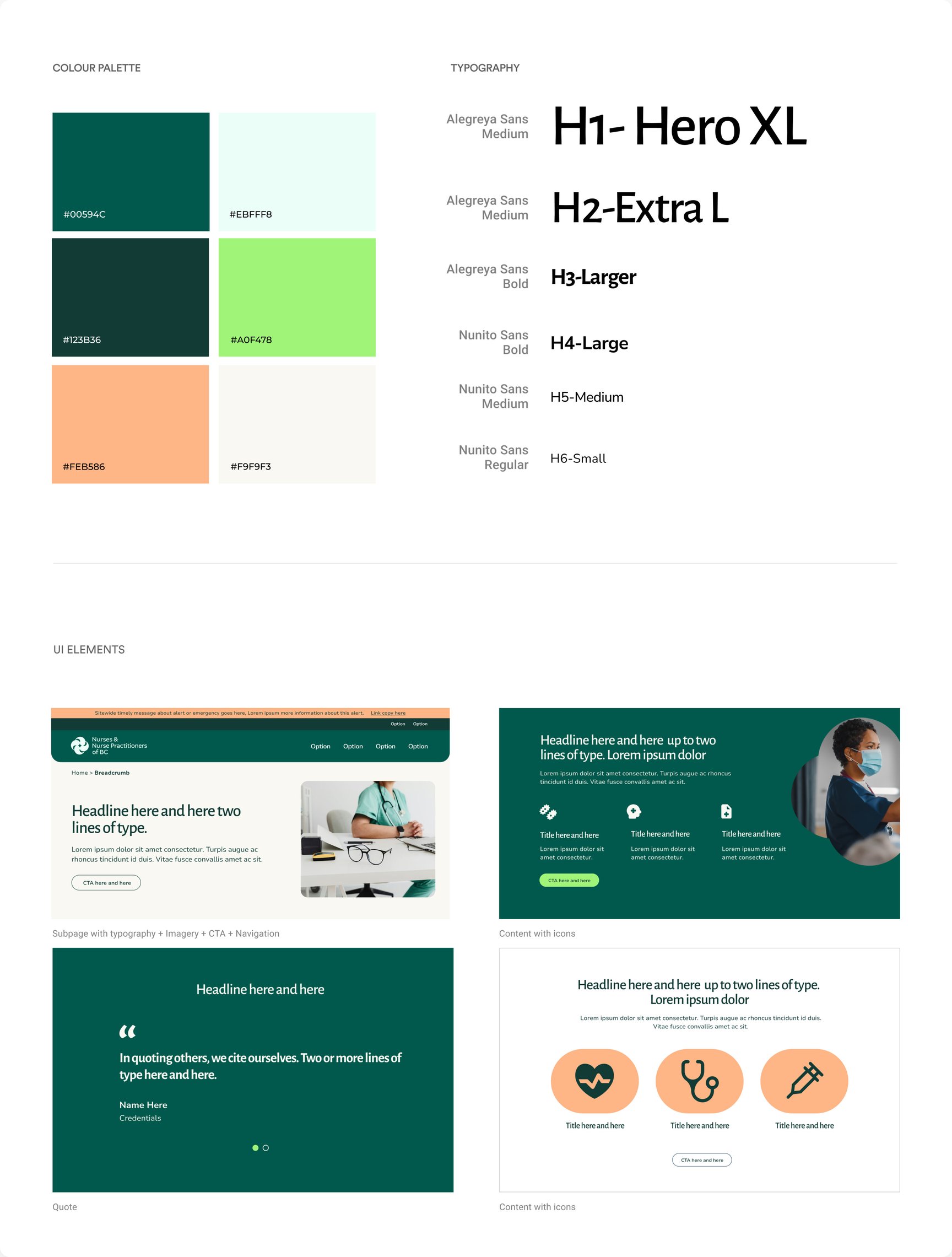 NNPBC brand elements for the website, including the green colour palette, heading styles, and sample page components.