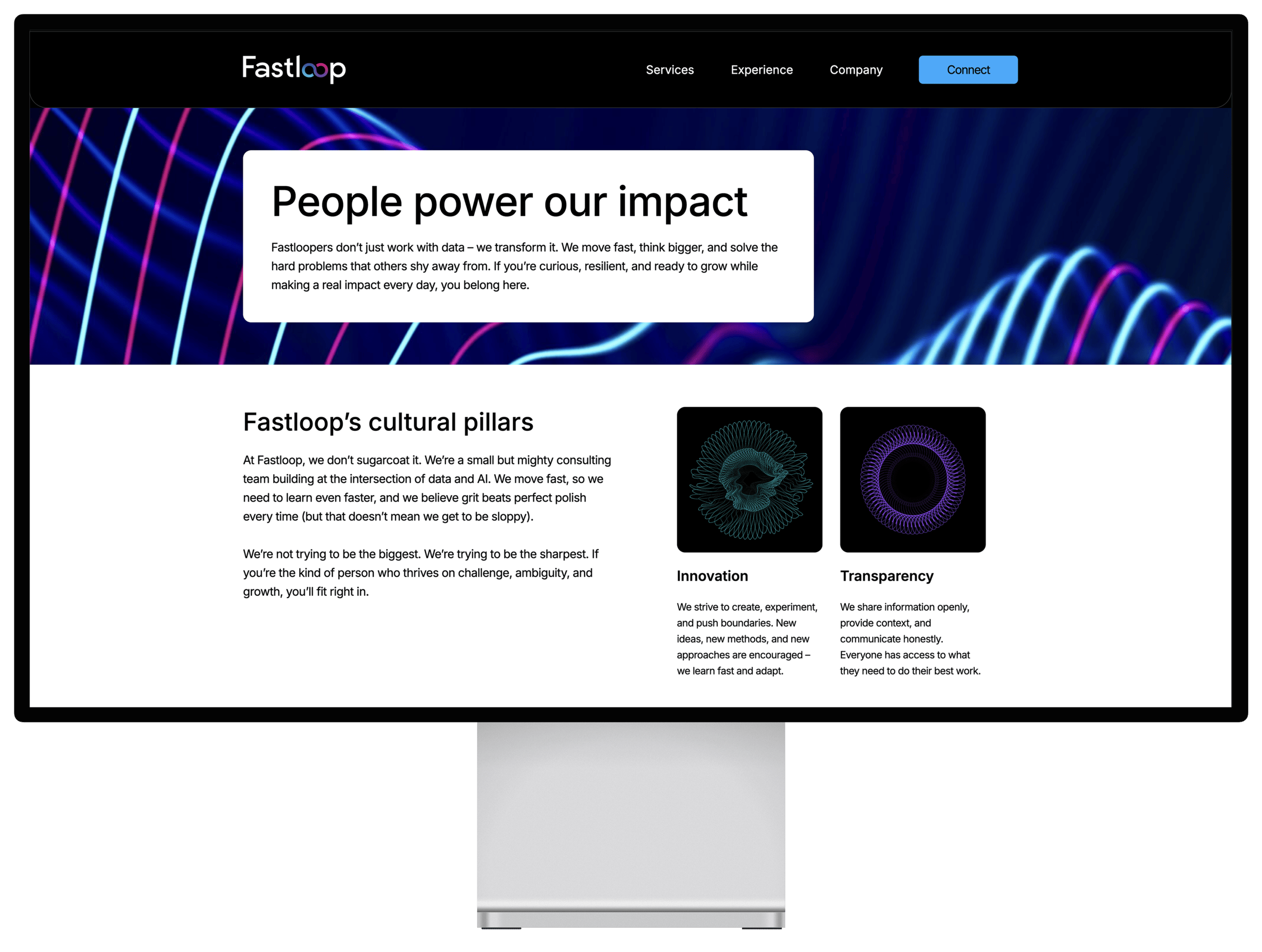 The Fastloop website on a desktop display, with the headline “People power our impact” and a section on Fastloop’s cultural pillars.