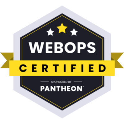 WebOps Certified badge from Pantheon featuring a hexagonal shape with stars and a yellow ribbon.