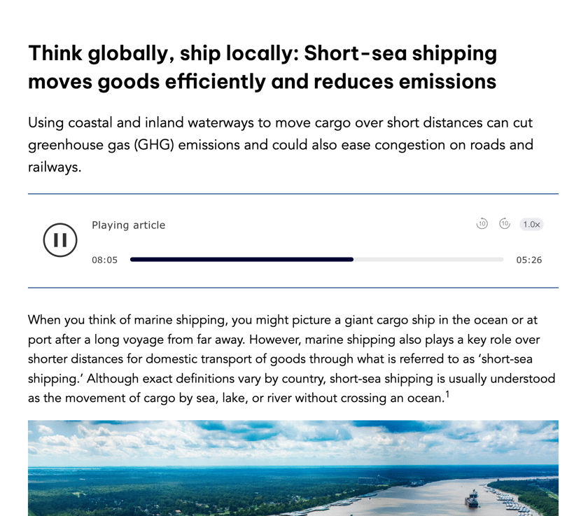 A Clear Seas article page with a built-in audio player that reads the article aloud.