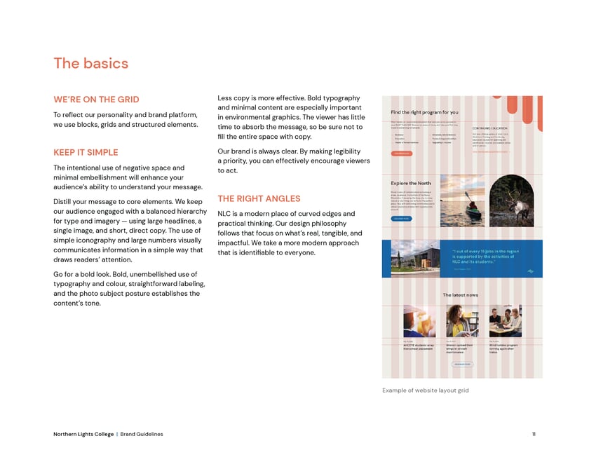 Northern Lights College brand guidelines, page 11: design basics: working on the grid, keeping it simple, and using the right angles.