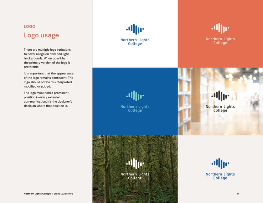 Northern Lights College brand guidelines, page 14: logo usage on light, dark, and photo backgrounds.