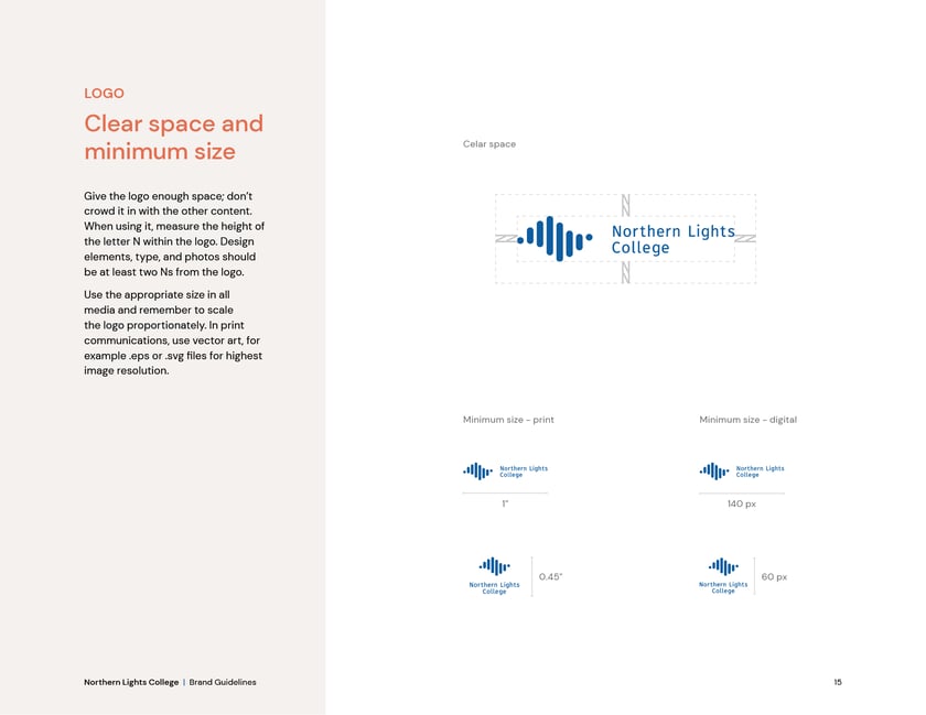 Northern Lights College brand guidelines, page 15: logo clear space and minimum size.