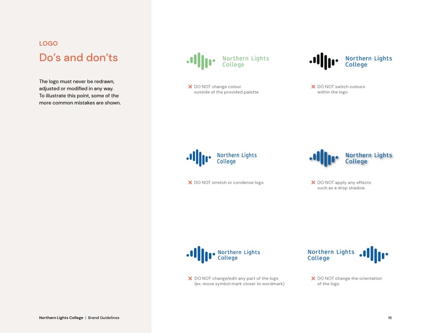 Northern Lights College brand guidelines, page 16: logo do’s and don’ts.