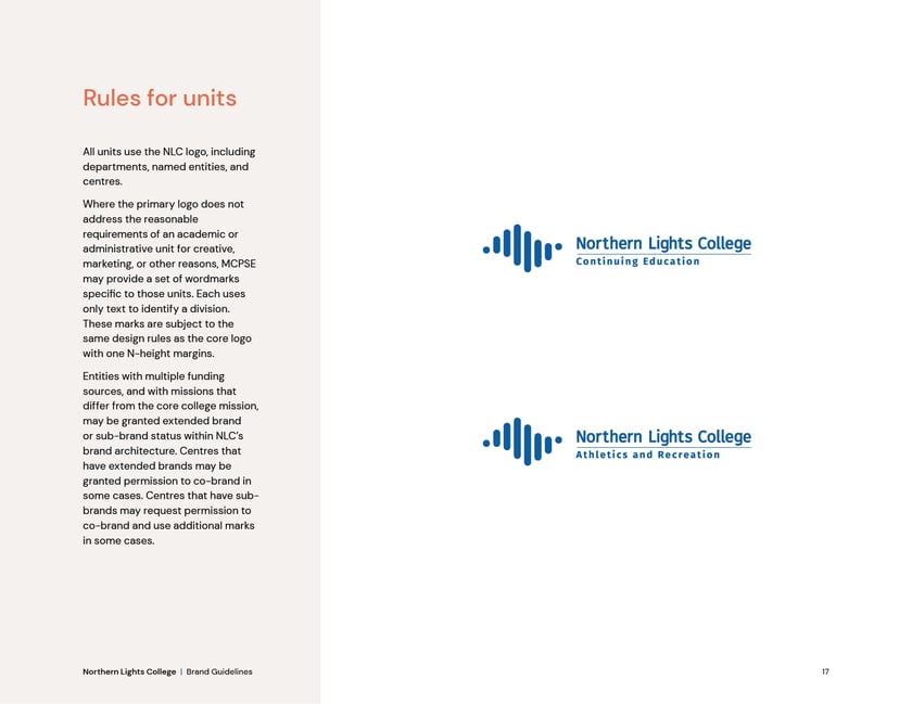 Northern Lights College brand guidelines, page 17: logo rules for college units.
