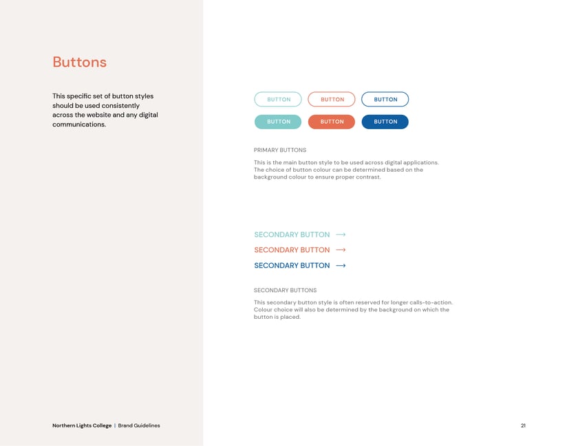 Northern Lights College brand guidelines, page 21: button styles.