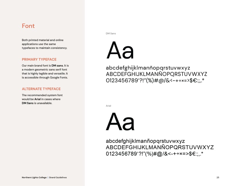 Northern Lights College brand guidelines, page 25: typefaces: DM Sans, with Arial as the alternate.