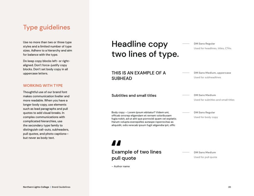 Northern Lights College brand guidelines, page 26: type guidelines and hierarchy.