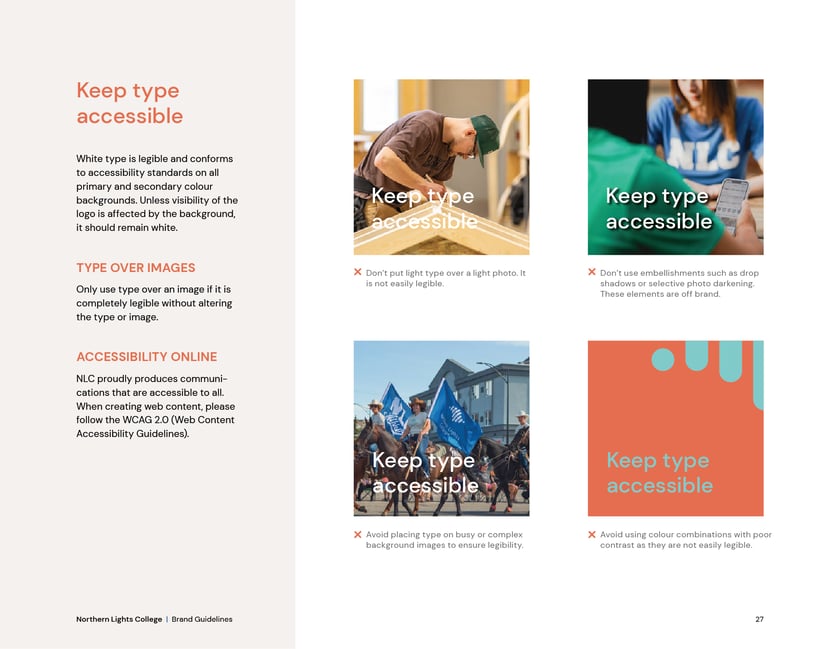 Northern Lights College brand guidelines, page 27: keeping type accessible over images and colour.