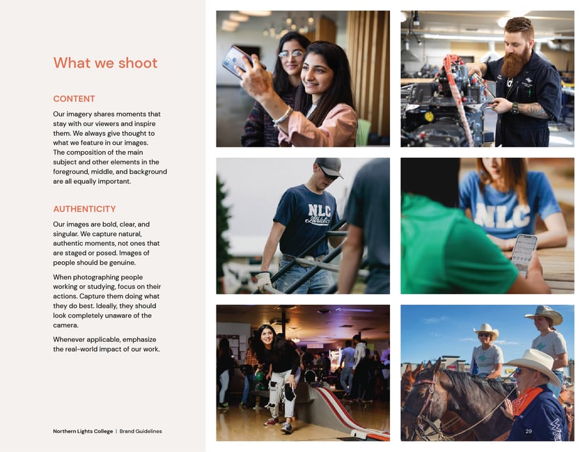 Northern Lights College brand guidelines, page 29: what we shoot, with sample photos of students and staff.