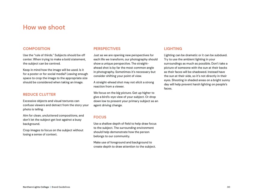 Northern Lights College brand guidelines, page 30: how we shoot: composition, perspective, lighting, and focus.