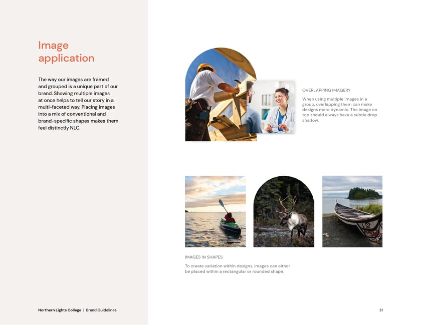 Northern Lights College brand guidelines, page 31: image application within brand shapes.