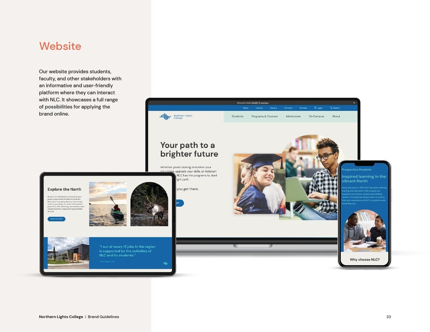 Northern Lights College brand guidelines, page 33: the website on laptop, tablet, and phone.