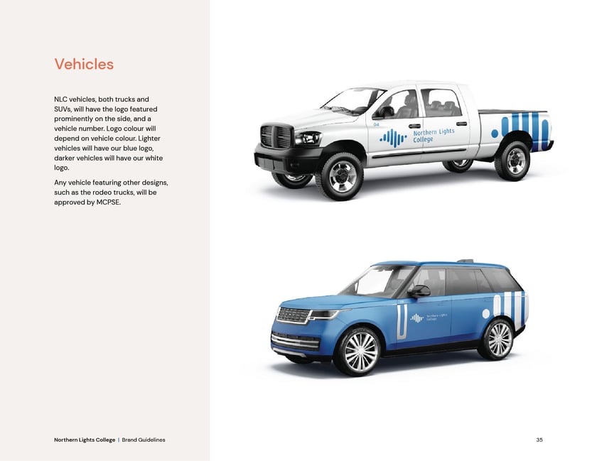 Northern Lights College brand guidelines, page 35: branded vehicles.