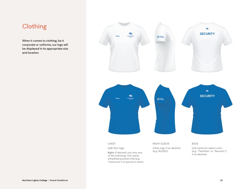 Northern Lights College brand guidelines, page 36: branded clothing.