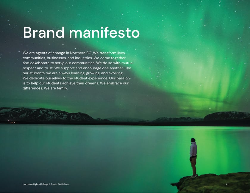 Northern Lights College brand guidelines, page 4: brand manifesto, beside a person watching the northern lights over a lake.